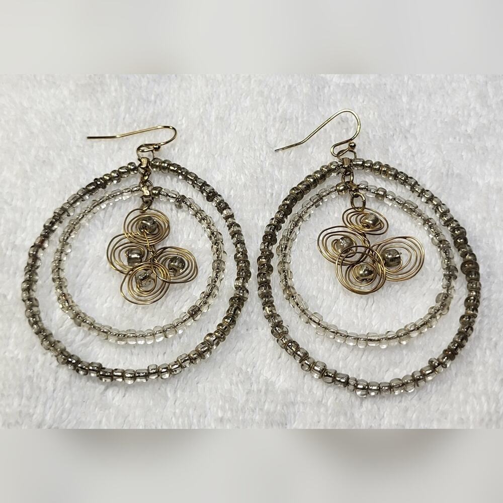 Seed Bead Double Hoops with Wire Accent Dangle Statement Earrings / Pierced - Picture 6 of 9